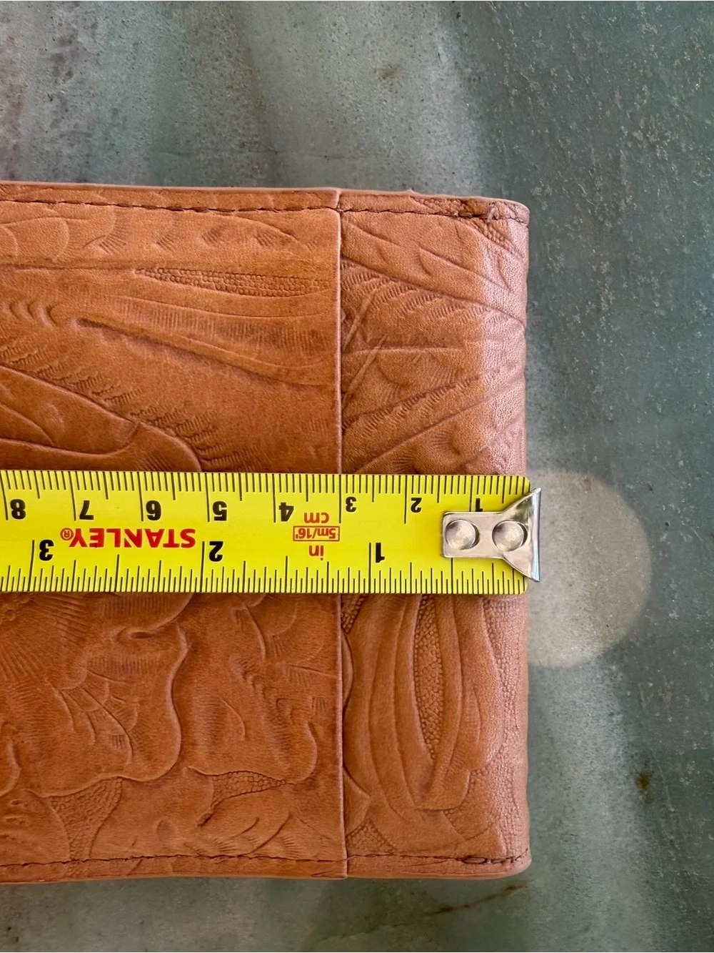 American Leather Co Brown Floral Tooled Trifold Wallet ID Window Zip Coin